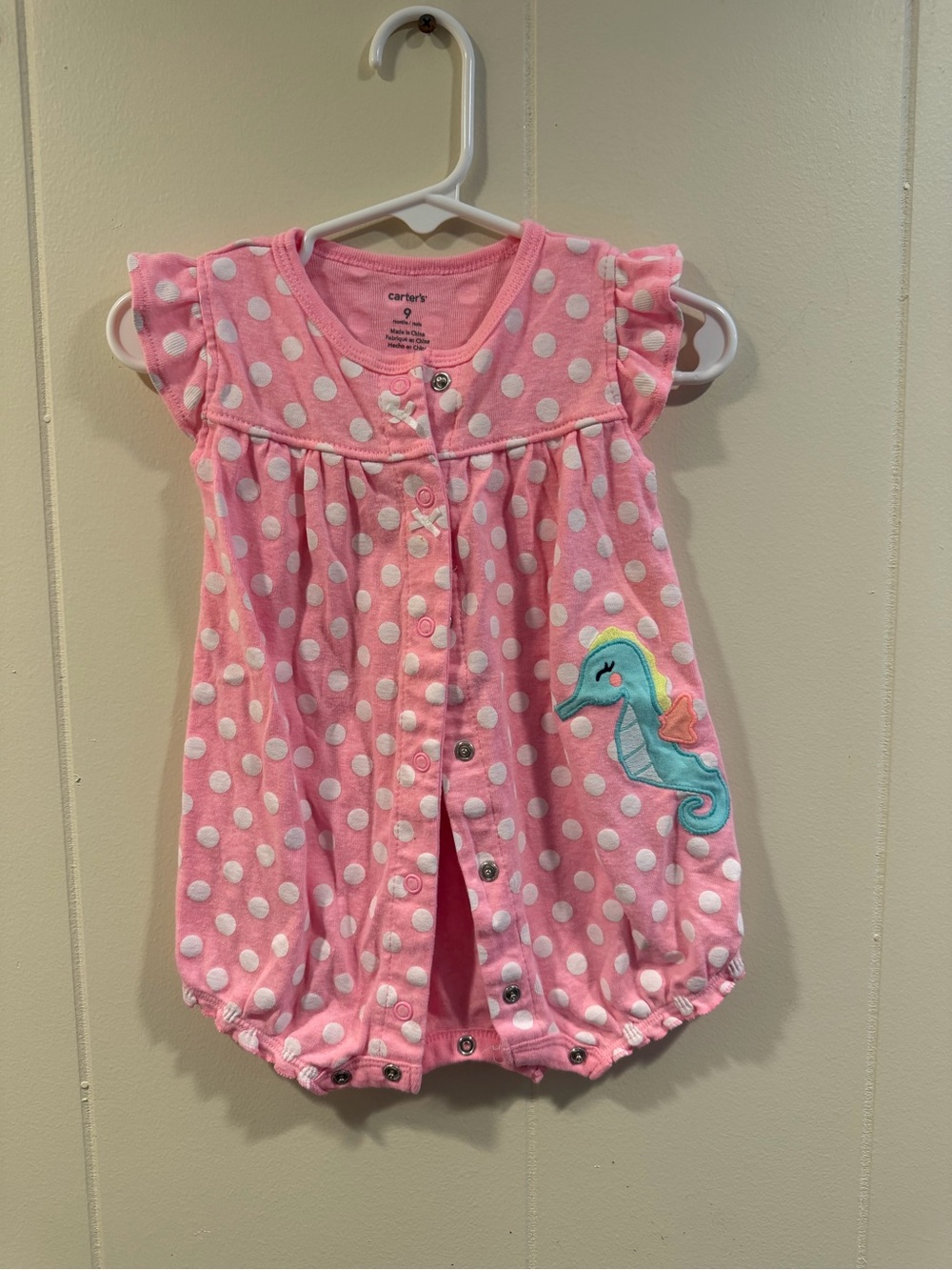 Carter's Pink Polka Dot Romper with Seahorse Applique